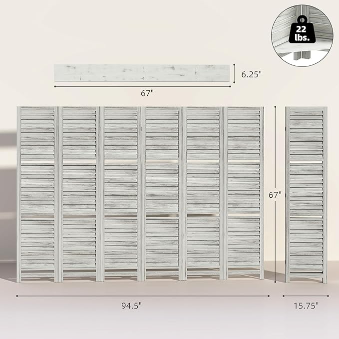 HOMCOM Room Divider, 6 Panel 67" Tall Wood Privacy Screen with 3 Display Shelves, and Folding Storage for Bedroom or Home Office, Distressed White
