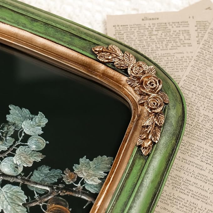 Cuspin 8x10 Vintage Picture Frame, Ornate Green and Gold Frames, Hand-Crafted Flower Textured Resin Frame with Glass Front for Wall Hanging and Tabletop Display Home Decor