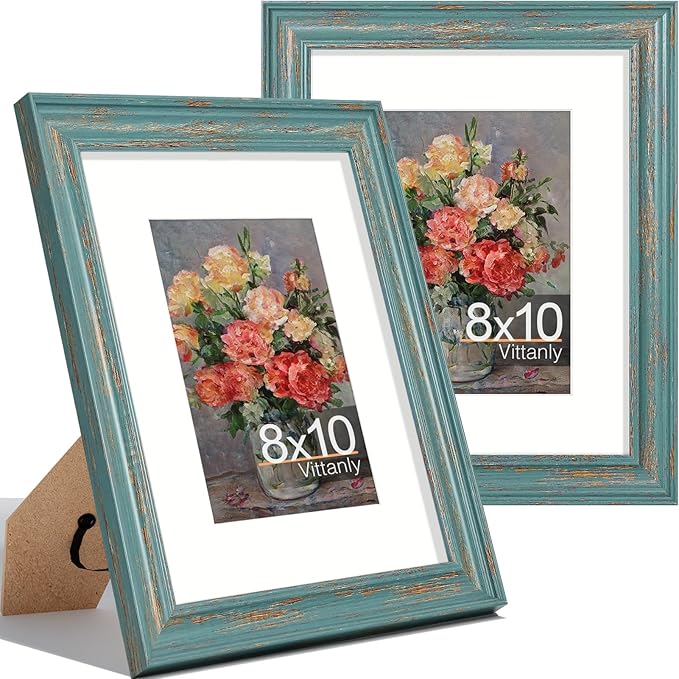 Vittanly 8x10 Picture Frames Set of 2, Ornate Vintage Photo Frame for Wall or Tabletop, Display 5x7 Pictures with Mat or 8x10 without Mat, Rustic Blue