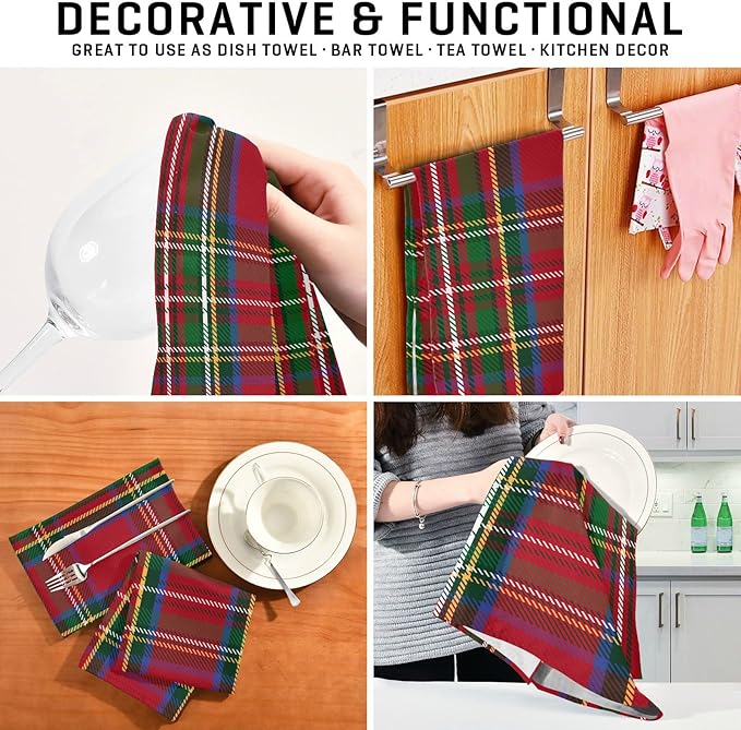 Christmas Tartan Plaid Striped Pattern Kitchen Dish Towels Set of 4, Tea Towels Absorbent Microfiber Cleaning Cloth Decorative Quick Dry