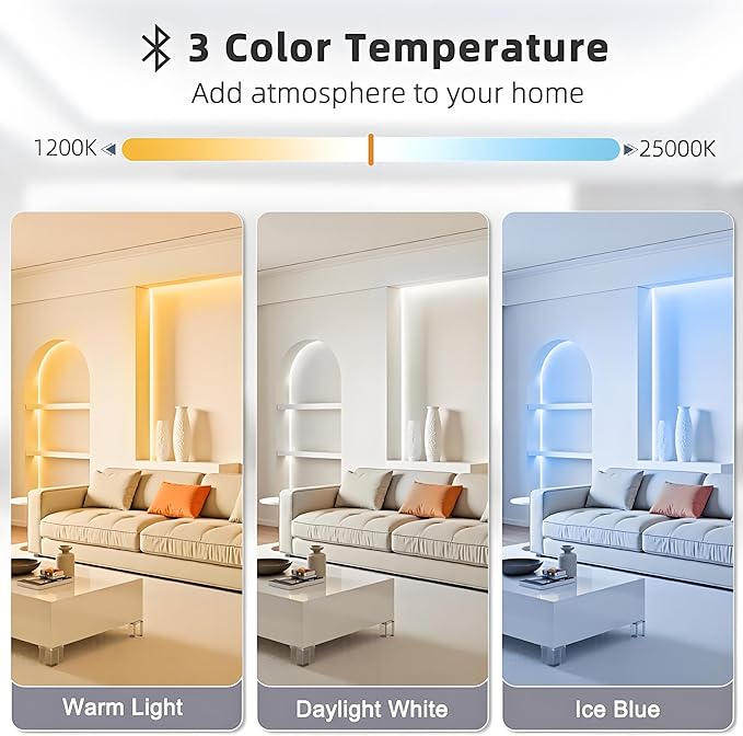 Tenmiro White LED Strip Lights 16.4ft (600 LEDs) Super Bright 25000K Daylight White, 3Color Temperature Dimmable with Smart App & Remote Control for Bedroom Kitchen Commercial Home Lighting Decor