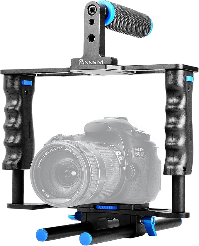 Camera Cage Aluminum Movie Filmmaking Video Rig with Top Handle/Dual Side Grips/and Std 15mm Rail Rods for Canon EOS R5C R5 R6 Sony A7 Series A6600 Nikon