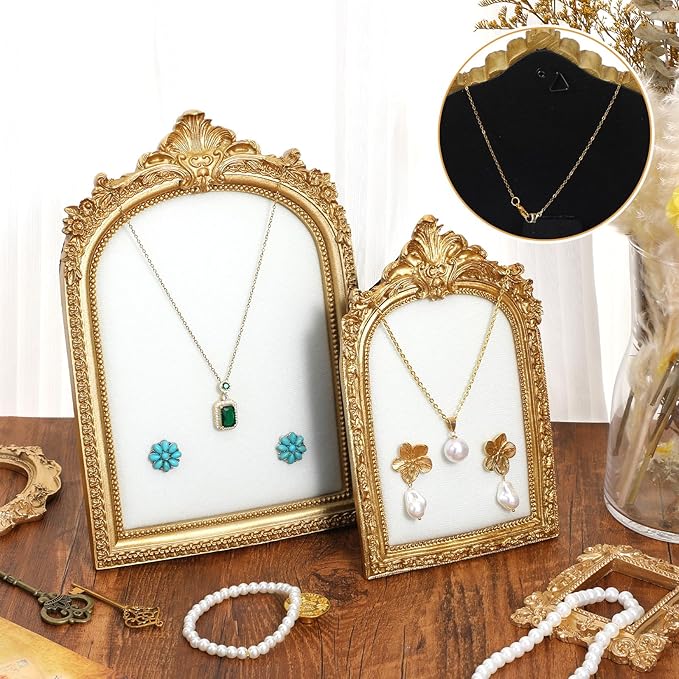 2 Pieces Elegant Gold Jewelry Display Stand Vintage Necklace Display Stand Earring Tray Resin Jewelry Photography Props Frame with Velvet Backing for Gifts(Large, Small)