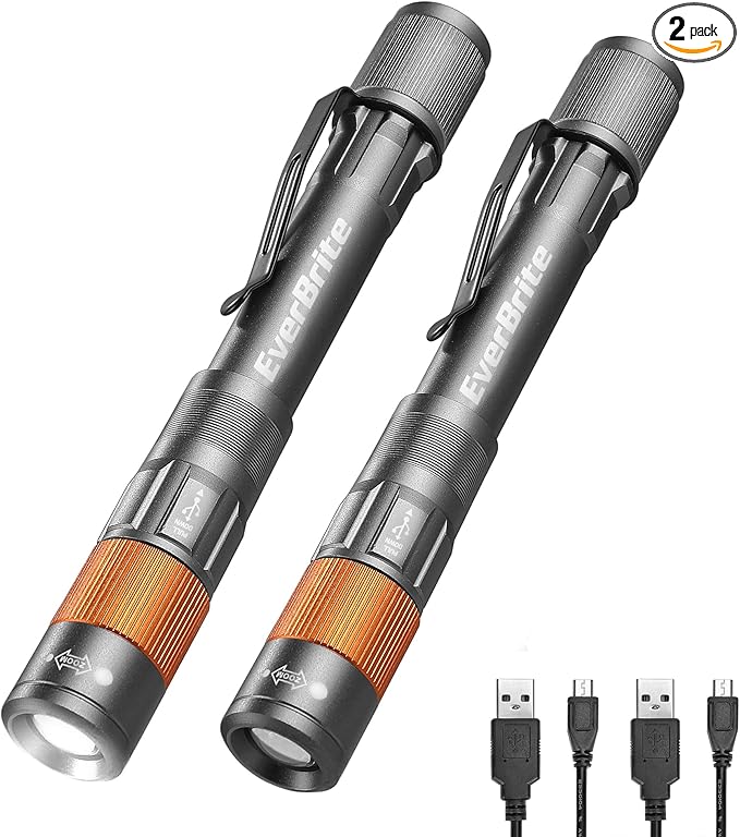 EverBrite 2-Pack Rechargeable Pen Light, 300 Lumens EDC Flashlight, Zoomable LED Pocket Flashlight with Clip, Memory Function and USB C Cable Included, for Camping, Emergency, Gray
