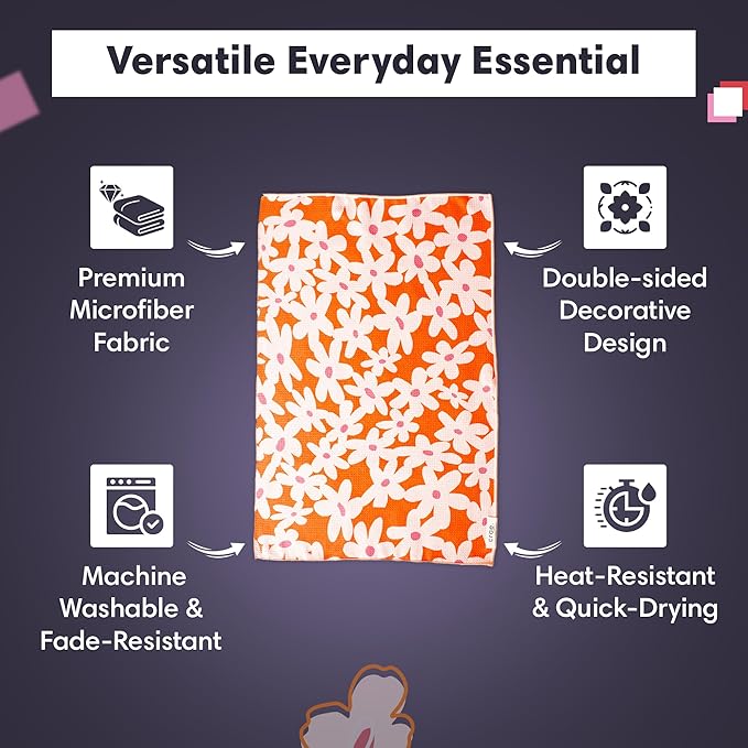 Reversible Microfiber Towel - Ultra Absorbent, Quick-Drying Hand Towels - Modern Design, Scratch-Free, Lint-Free for Kitchen, Bathroom, Car Cleaning - 19x29 Inches, Set of 1 (Check Your Blossoms)