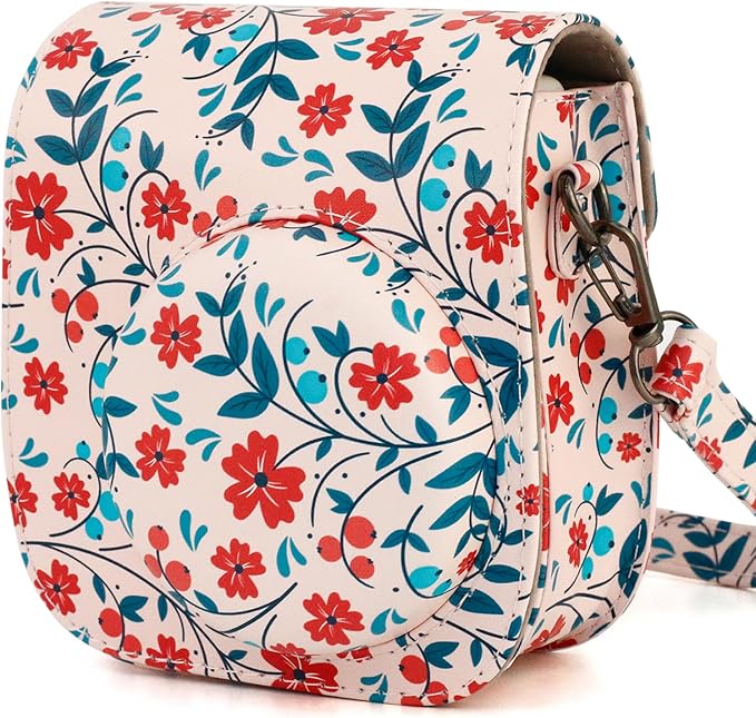 Frankmate Protective Case Compatible with Fujifilm Instax Mini 12 11 9 8 Instant Film Camera with Pocket and Adjustable Strap (Flowers Red)