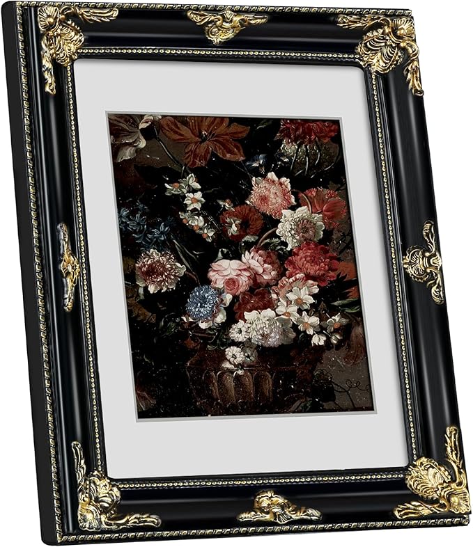 Gothic Black 11x14 Vintage Picture Frame for Wall Hanging, Real Glass, Ornate Victorian Baroque Frames with Mat for 8x10 or 11 x 14 Photos