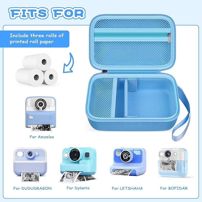 Kids Instant Print Camera Case for Dylanto/for Gofunly/for DUDUDRAGON/for ESOXOFFORE, Digital Video Camera Storage Box with 3 Roll Papers, Hold for Color Pen and Accessories (Bag Only)- Blue