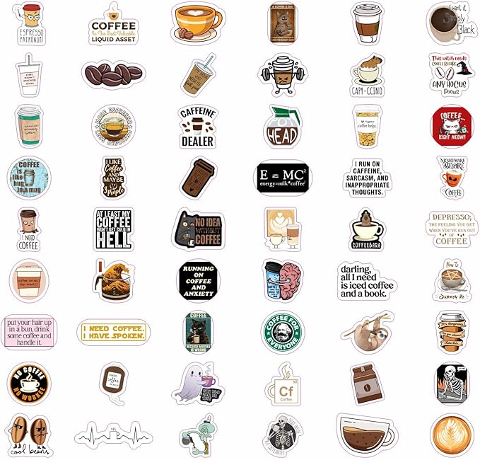 BulbaCraft 100Pcs Funny Coffee Stickers for Planner, Coffee Funny Quote Decals for Laptop, Scrapbook & Water Bottles, Gifts for Women & Men