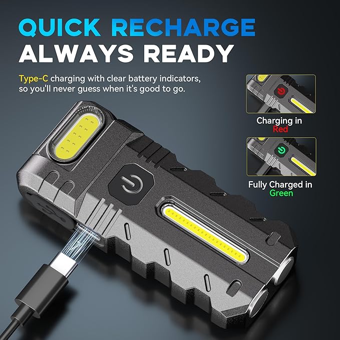 Favourlite 2PACK LED Flashlight Rechargeable, 600 Lumens Portable Flat Mini Flashlights with Clip Magnetic Small Flashlight for Camping, Emergency, Hiking (2, Black)