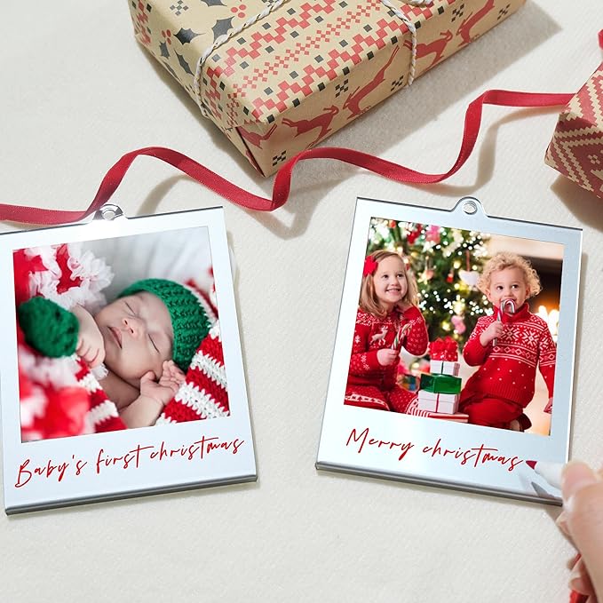 6 Set Christmas Acrylic Polaroid Film Picture Frames 3.5 * 4.25inch frame Ornaments, Blank Double-Sided Picture Frames Photo Frame for christmas tree Decor, Hanging Photo Ornaments For Tree (Silver)