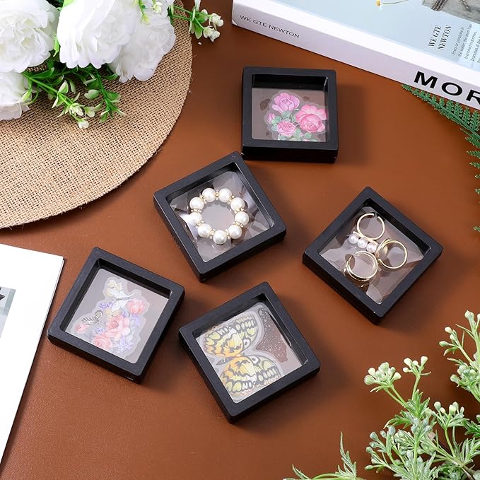 Prasacco 60 Pcs Floating Display Case,Coin Frame Displays Holder Stands Black 3D Floating Display Case for Challenge Coin Rock Pin Shells Specimen Jewelry(2.75×2.75×0.8 Inches)