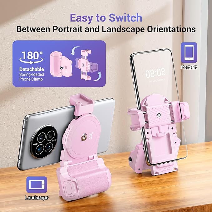Phone Camera Grip Smartphone Photography Shooting Clip with Tripod Mount & Detachable Wireless Shutter Remote Control, Phone Selfie Grip Handle Stand for iPhone Samsung Android Phone Vlog Video Pink