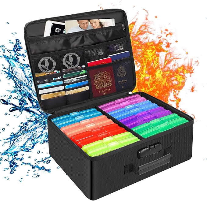 DocSafe Photo Storage Box with Lock,Fireproof Photo Organizer Box with 16 Inner 4" x 6" Photo Case(Multi-Colored),Collapsible Portable Photo Filing Safe Storage with Water-Resistant Zipper for Photos