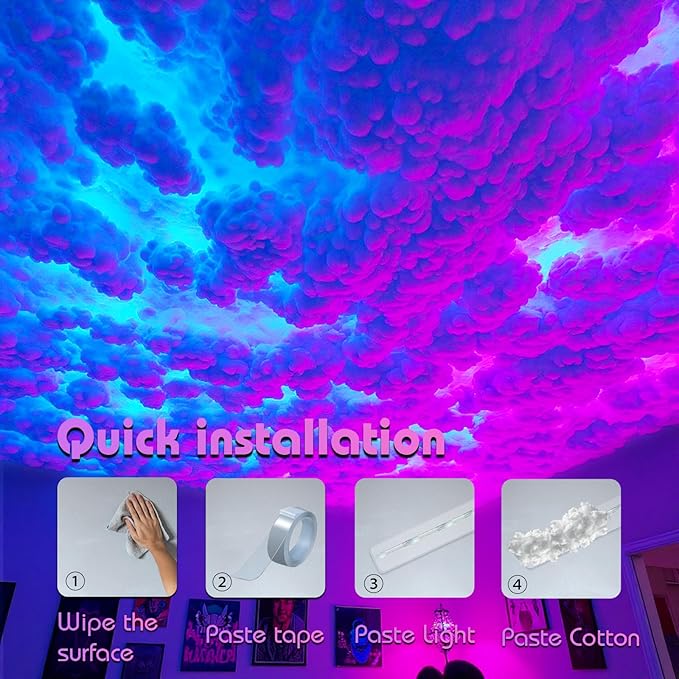 Thundercloud LED Light, DIY RGB+IC Chasing Ceiling Cloud Lights with APP and 2.4G Remote Control for Kids Room Decor (Multicolor, 17ft)