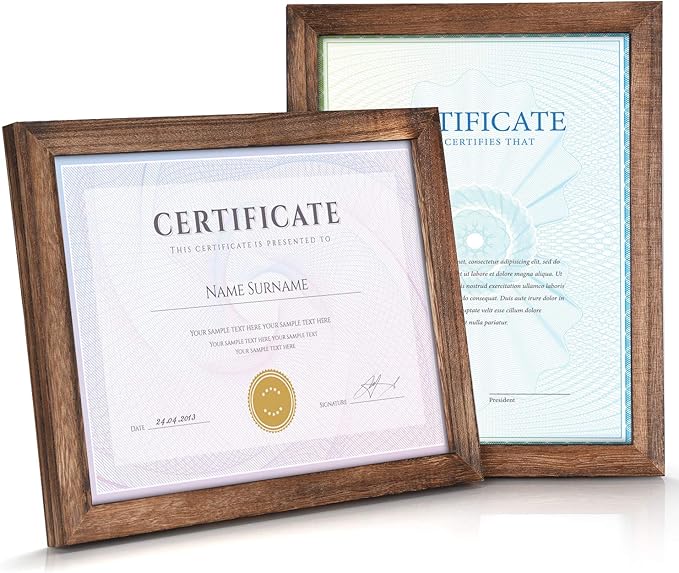 Emfogo Certificate Frames 8.5 x 11 Picture Frames Diploma Frame with Stand Rustic Wood Document Frame with High Definition Glass for Wall or Tabletop Display Set of 2 Carbonized Black