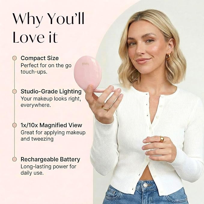 Fancii Mini Taylor Compact Magnifying Mirror with LED Light, 10x/1x, Rechargeable, 3 Light Settings, Dimmable - Small Lighted Travel Handheld Mirror for Pocket, Handbag, Purse, 2-Sided (Petal Pink)