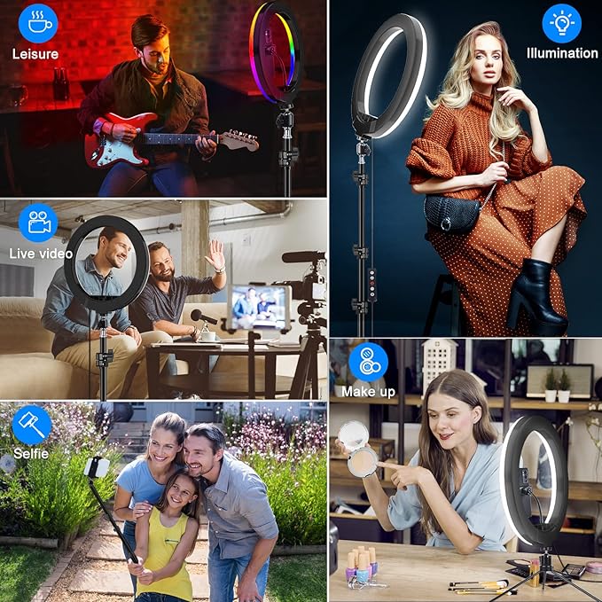 STALLY 10.2" Ring Light with Stand, 75" Tall Ring Light with Phone Holder and Wireless Remote, 12 Dimming Levels, 32 Color Modes Selfie Light Tripod for iPhone, Live Stream, Makeup, YouTube, TikTok