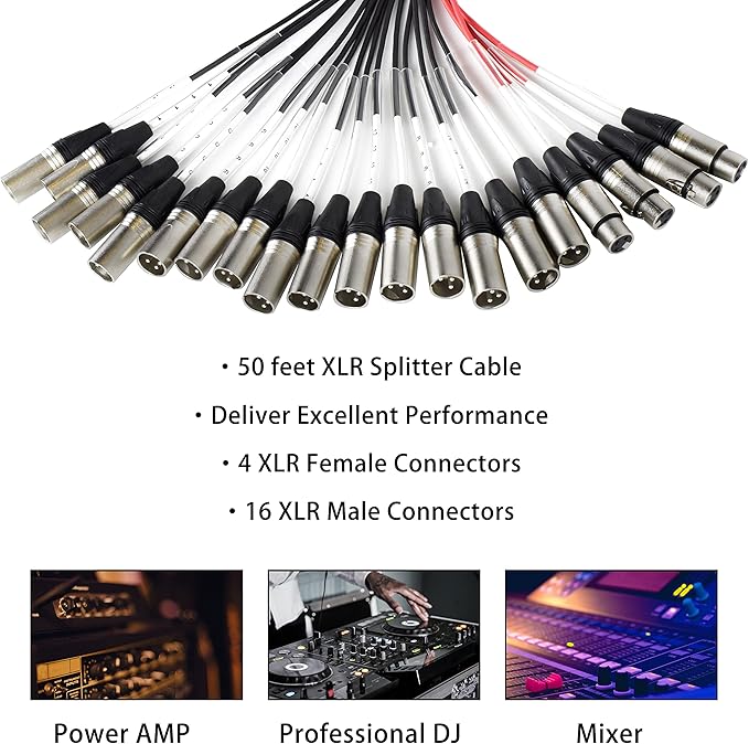 PRORECK 16-Channel Low Profile XLR Send Circuit Board Snake Cables, XLR Splitter Cable for Live, Recording, Stage, Studio, 50 Feet Long