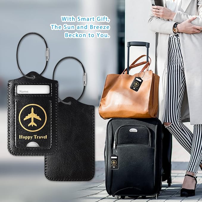 Luggage Tags, ACdream Leather Case Luggage Bag Tags Travel Tags 2 Pieces Set, Black