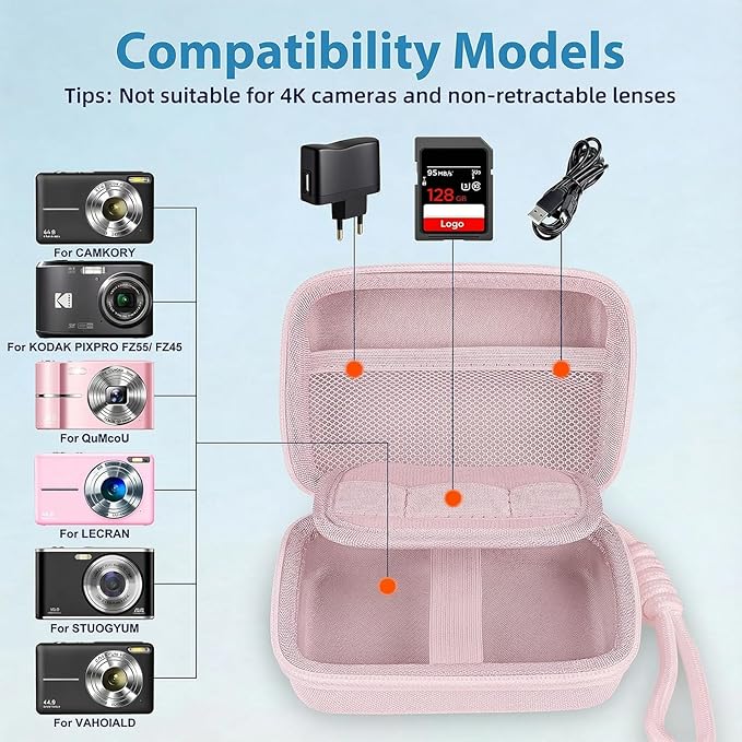 Roseliya Digital Camera Case Compatible with CAMKORY Digital Point and Shoot/for KODAK PIXPRO FZ45/55 16MP Vlogging/for VAHOIALD FHD 1080P/for IWEUKJLO/for Nsoela, Holder for SD Card More (Pink)