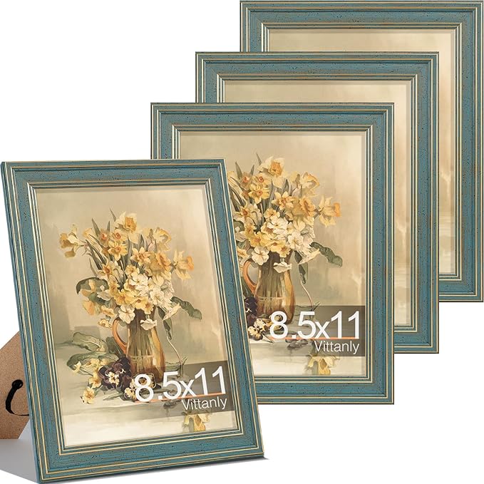 Vittanly 8.5x11 Picture Frame Set of 4, Vintage Photo Frame for Wall Mount, Display 6x8 Pictures with Mat or 8.5x11 without Mat, Rustic Farmhouse Home Decor, Blue