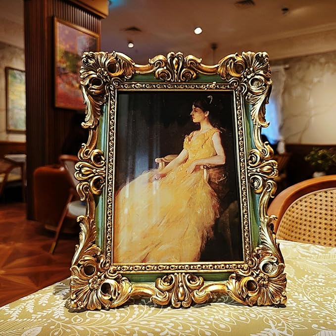CISOO 5x7 Vintage Picture Frame Antique Ornate Green and Gold Photo Frame, for Table Top and Wall Display, Decorative Floral Design Retro Home Decor, Photo Gallery Art
