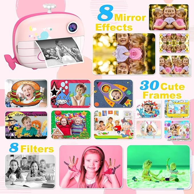 Kids Instant Print Camera - 12MP Ink Free Printing for Kids Aged 3-10 - Selfie Camera for Boys & Girls - Pink