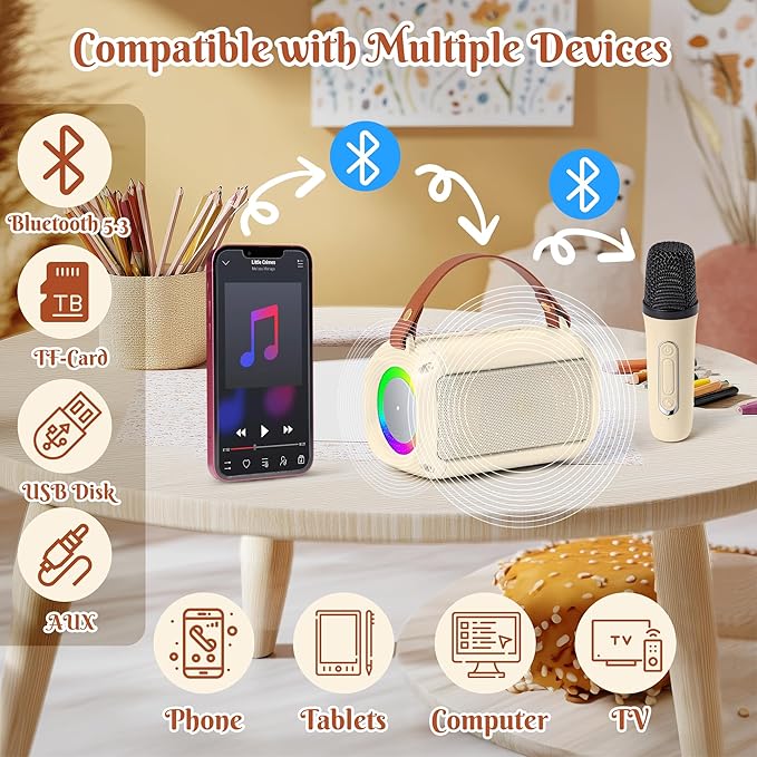 MALLMALL6 Mini Karaoke Machine with 2 Wireless Microphone for Kids Portable Bluetooth 5.3 Karaoke Mic LED Color Lights Speaker Christmas Birthday Family Home Party Toys Gift for Boys Girls Beige