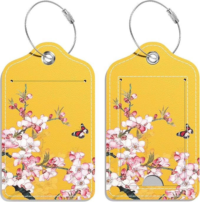 Luggage Tags for Suitcase, 2 Pack PU Leather Travel Cruise Luggage Tag with Privacy Flap, Name ID Label and Metal Loop for Women Men Girls Suitcase Baggage Bag Backpack, Peach Blossom