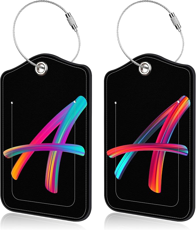Luggage Tags for Suitcase,2 Pack Neon Colorful Letters Luggage Tags,Leather Baggage Tags Identifiers with Privacy Name Address Labels and Metal Loop for Women Men Girls Travel,Letter A