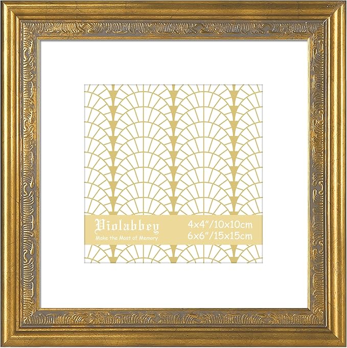 VIOLABBEY 6x6 Matte Gold Picture Frame, Display 4x4 Photo with Mat or 6x6 without Mat, Ornate Vintage 6 x 6 Matte Gold Frame for Wall Decor or Tabletop Display