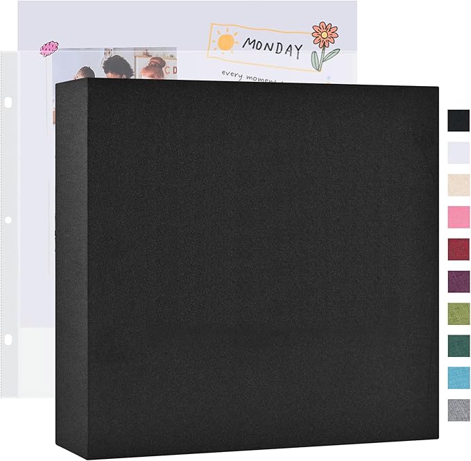 Mublalbum 12x12 Inch Large 3 Ring DIY Scrapbook Photo Album with 40 Plastic Sleeves 80 Pages Linen Cover Folder Binder for Baby Travel Wedding Couple Anniversary and DIY Projects (Black)