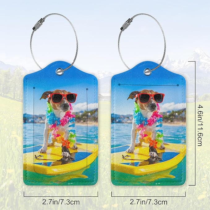 2 Pack Leather Luggage Tag for Suitcase Dog On Skateboards Seaside Vacation Unique Travel Tags with Privacy Cover ID Label & Stainless Steel Loop for Men and Women Baggage