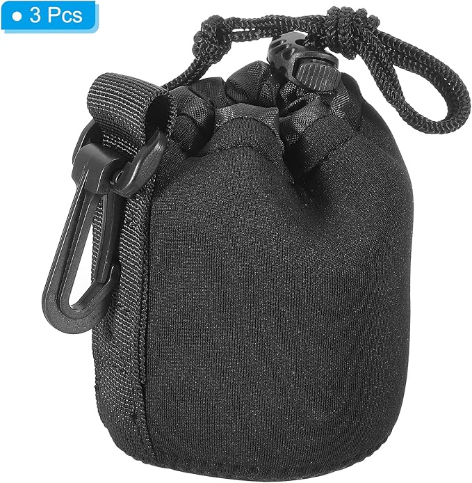 PATIKIL Camera Lens Bag, 3 Pcs 3" ID x 3.9" H Drawstring Pouch With Thick Protective Neoprene, Case for DSLR Camera Lens, Water Coffee Cups Black
