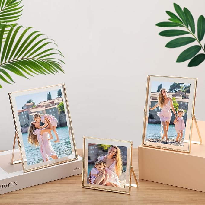 Gold Floating Picture Frames Set of 3,Metal Geometric Photo Frame with Glass Cover Includes(5x7'',4x6'',4x4'')Tabletop Floating Picture Frames for Home Wedding Decoration,Gift for Father's Day