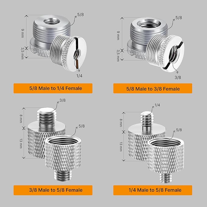 IXTECH Mic Stand Adapter Set 8 pieces Metal Microphone Stand Screw Thread Adapter 5/8 Female to 3/8 Male 3/8 Female to 5/8 Male 5/8 Female to 1/4 Male 1/4 Female to 5/8 Male Tripod Adapter ADP03A Slvr