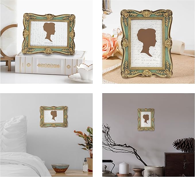 AELS 4x6 Inch Vintage Picture Frame, Elegant Antique Photo Frames with Glass Front, Photo Display, Tabletop Wall Hanging, Gift Ideas, Gold and Green