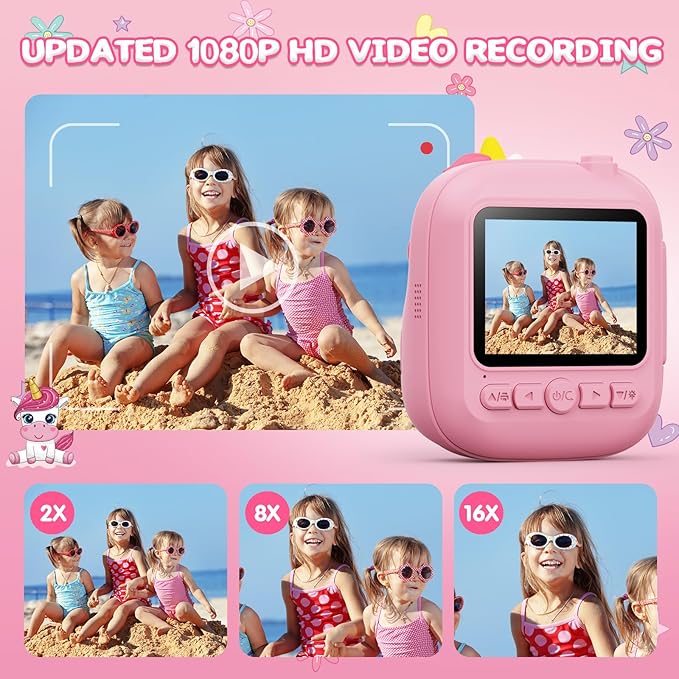 Kids Camera Instant Print, 12MP & 1080P Instant Camera for Kids with 32G Card & Print Paper, Selfie Digital Video for Toddler,Christmas Birthday Gifts for Girls Boy Age 3-12 (Pink)
