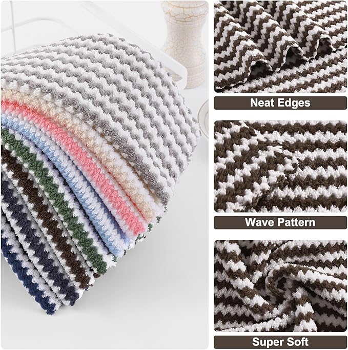 Homaxy Kitchen Towels(12 Pack, 10 x 20 inches), Ultra Soft and Absorbent Dish Towels, Reusable Fast Drying Microfiber Cleaning Cloth, Coral Velvet Wave Design No-lint, Brown