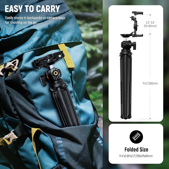 NEEWER Mini Flexible Phone Tripod Stand Portable Vlog Selfie Stick with Remote/Cell Phone Holder/Action Camera Adapter/Cleaning Cloth for Video Recording, Compatible with GoPro Insta360 Camera, TP35