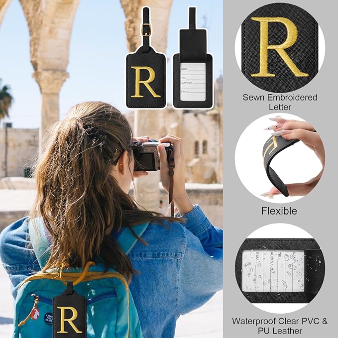Personalized Initial Luggage Tags for Suitcases, Cute PU Leather Embroidered Letter Travel Luggage Tags, Suitcase Identifier Name Baggage Tag, Bag Tags for Men Women Kids Luggage Handbags(Black R)