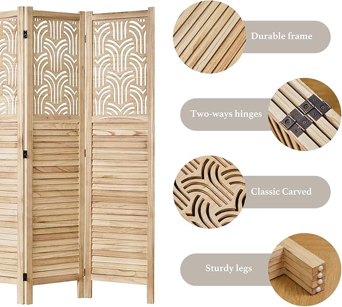 Folding Room Divider, 66.9 Inch 4 Panels Wood Carved Privacy Screens, Free Assembled Freestanding Portable Separation Wall for Home Office Bedroom (Natural)