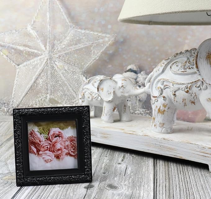 Hymmah 3 * 3inch Mini Wallet Picture Frame Vintage Photo Frame Ornate Textured Hand-Crafted Resin Frame with Easel&Hook for Tabletop&Wall Display,Photo Gallery,Art