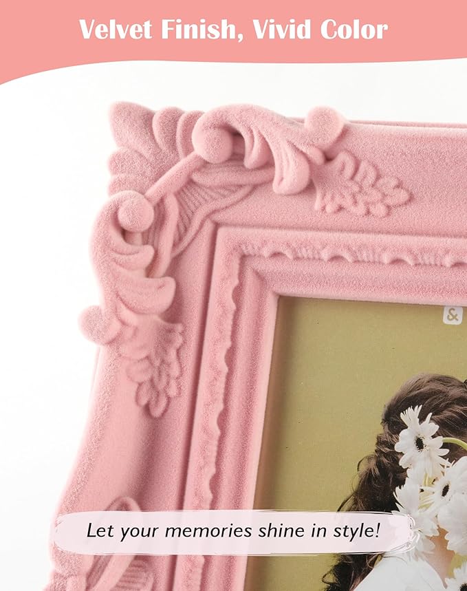 4x6 Pink Picture Frame for Drawings Prints, Small Cute Decorative Frame with Real Glass/Stand, Retro Ornate Memorial Frame Gift for Wedding Baby Shower Retirement (Light Pink)