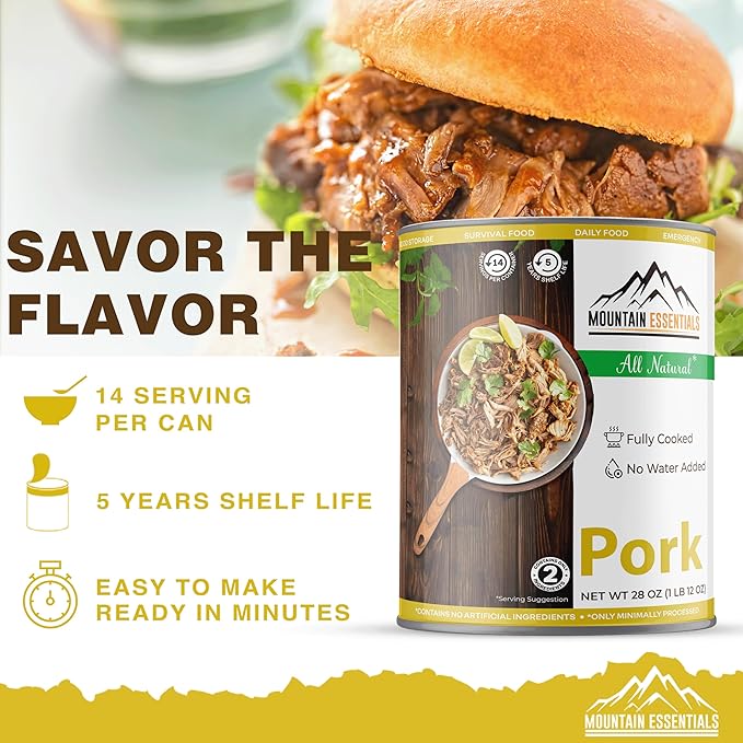 MOUNTAIN ESSENTIALS Canned Pork 28 Oz – Fully Cooked, Ready to Eat – Pantry Staple Canned Meat for Everyday Meals, Emergency Survival & Bulk Food Storage – 5-Year Shelf Life – Made in USA – 1 Pack