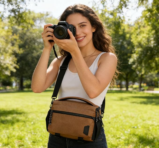 BAGSMART Small Camera Sling Bag for Photographers, Compact Camera Shoulder Bags for DSLR/SLR/Mirrorless Cameras, Waterproof Crossbody Camera Case with Tripod Holder, Khaki