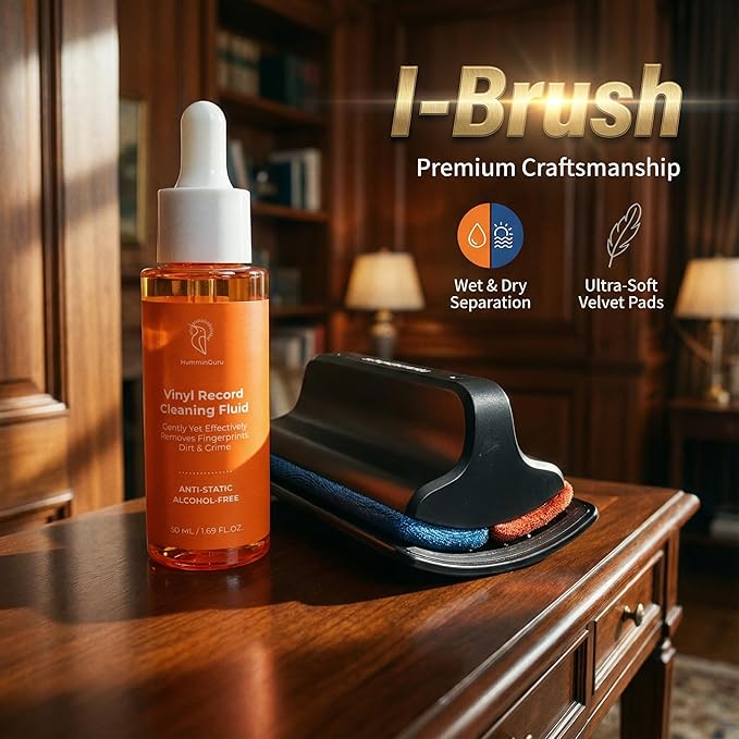HumminGuru I-Brush Vinyl Record Cleaning Kit, Anti-Static Vinyl Record Cleaner Kit with Dual Velvet Pads Vinyl Record Brush + Alcohol-Free Record Cleaning Solution + LP Brush Holder (Orange: I-Brush)