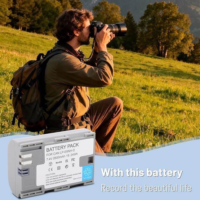 LP-E6NH 2600mAh USB-C Charging Rechargeable Camera Battery (2 Pack) for Canon EOS R, R5C, 5D Mark II, 5D III, 5D IV, 5DS, 5DSR, 6D, 7D, 7D II, 7D III, 80D, 70D, 60D, 60Da, XC10, XC15