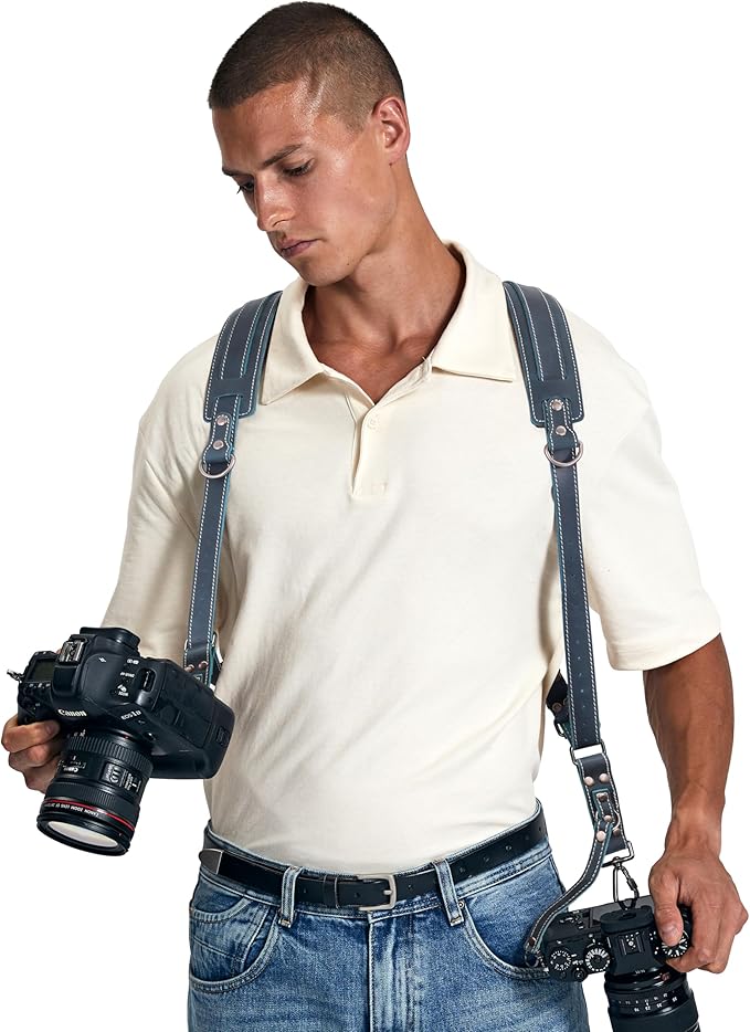 Padwa Lifestyle Green Dual Camera Harness Strap for Two Cameras - Dual Shoulder Full Grain Leather Harness,Multi Double Camera Gear with Thick Padded,Double Camera Harness for Photographers